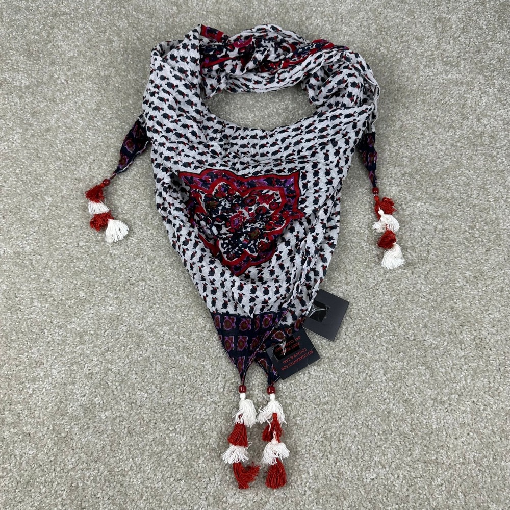 Soch Dark Blue Red White Mandala Print Tassel Square Scarf Stole Boho Festival